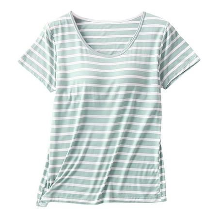Women T Shirt Ladies Short Sleeved With Chest Pad Bra Cup Semi Sleeve Vest Pajamas Oversized Tshirts Women Green L