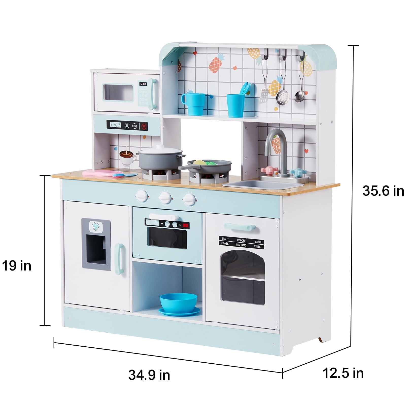 KFFKFF Wooden Play Kitchen Set for Kids, Interactive Toy Kitchen with Lights, Sounds, Ice Maker, Oven, Sink, Microwave, Fridge, and Accessories for Toddlers Ages 3-8, Pink