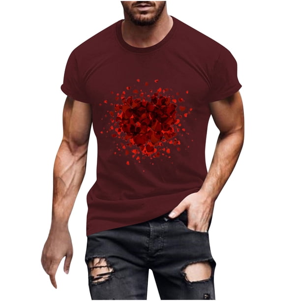 Camisetas de Manga Larga para Hombres, Camiseta de Manga Corta de Fitness de Impresión Del Día de San Valentín, Mezcla de Algodón Casual