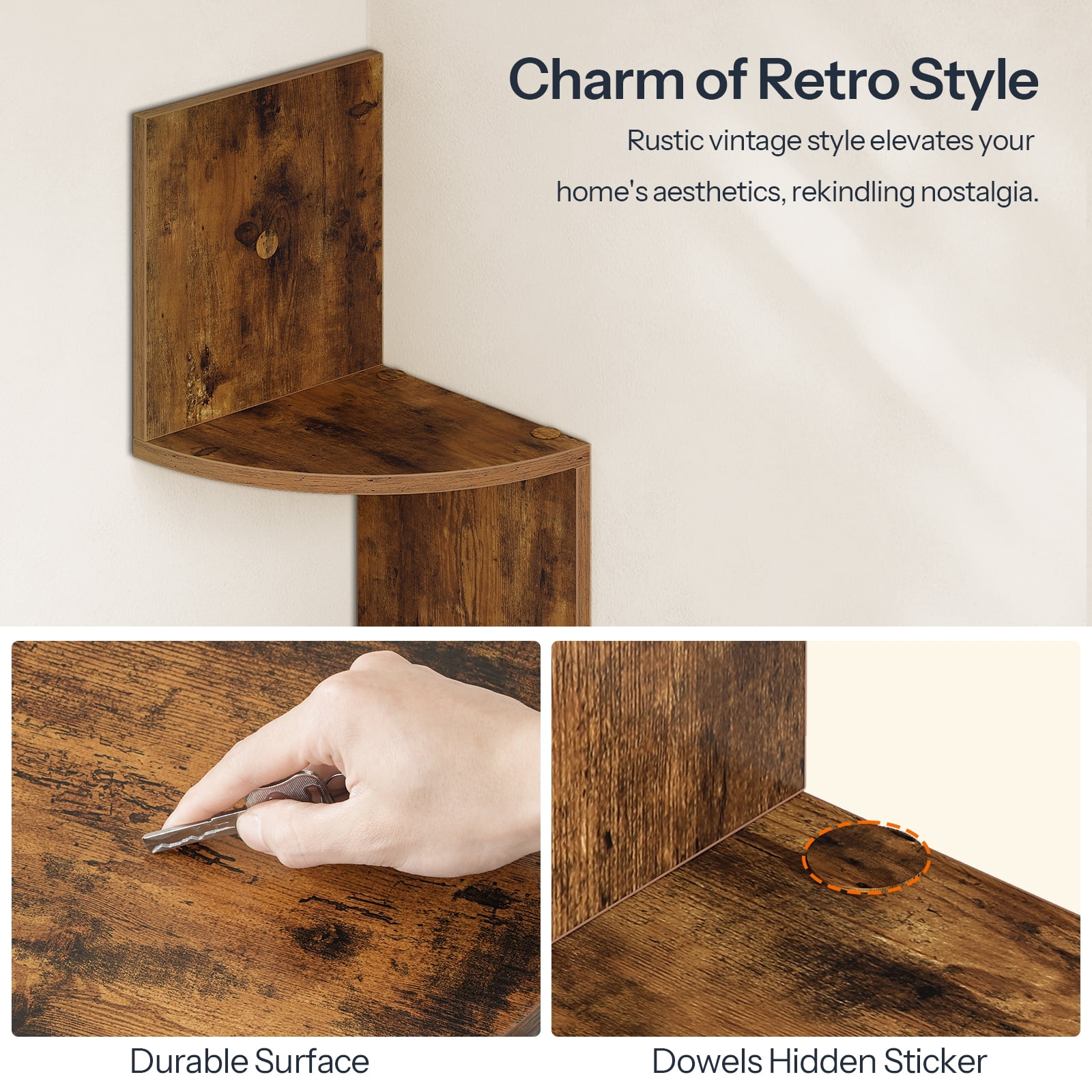 HOOBRO Corner Shelf Wall-Mounted, Set of 2 Floating Corner Shelves for Wall, 4-Tier Corner Bookshelves for Living Room, Bedroom, Bathroom, Home Office, Rustic Brown BF25BJP201