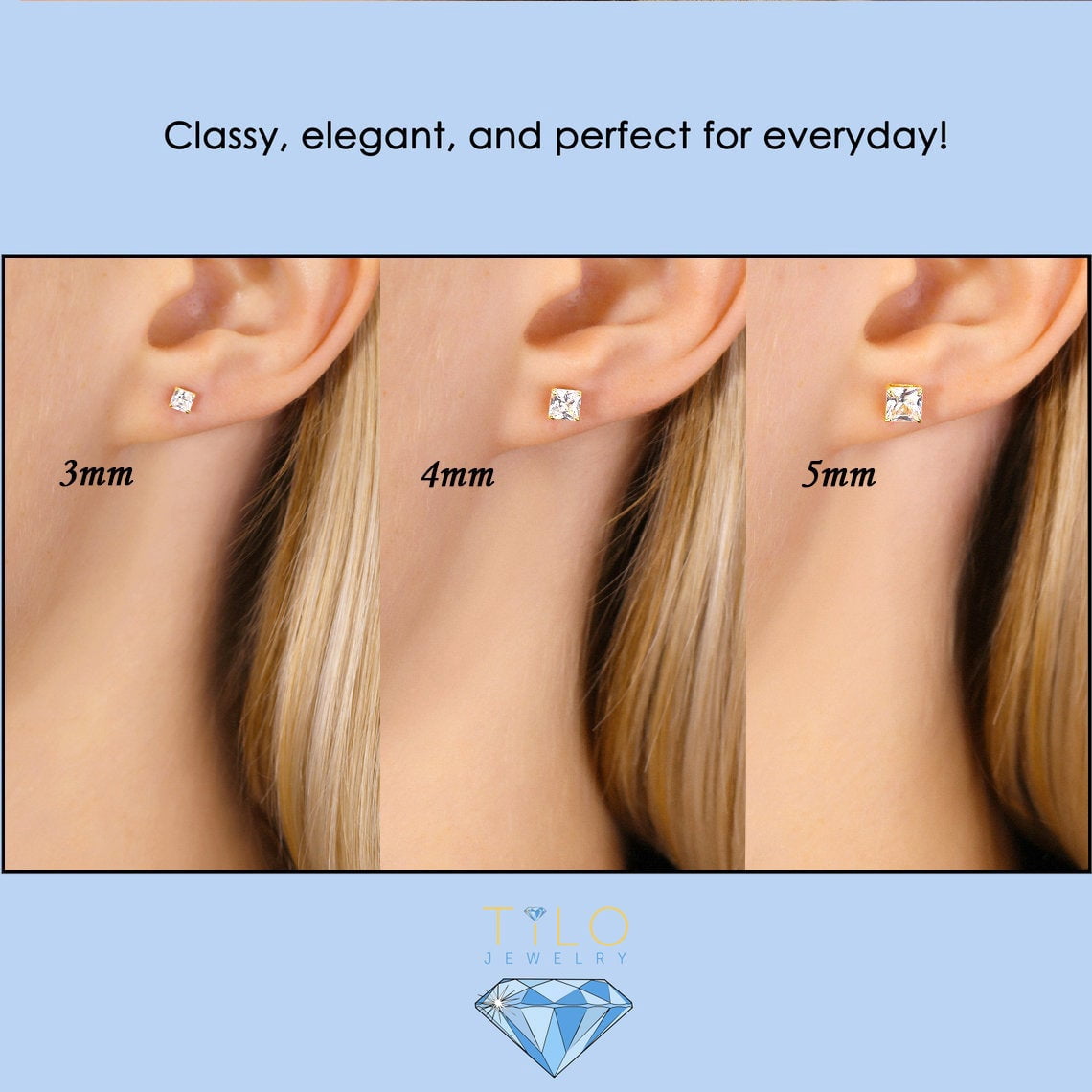 Tilo Jewelry 14k White Gold Princess Cut Square CZ Stud Post Earrings with Push-Backs (4MM) - Women, Men, Unisex