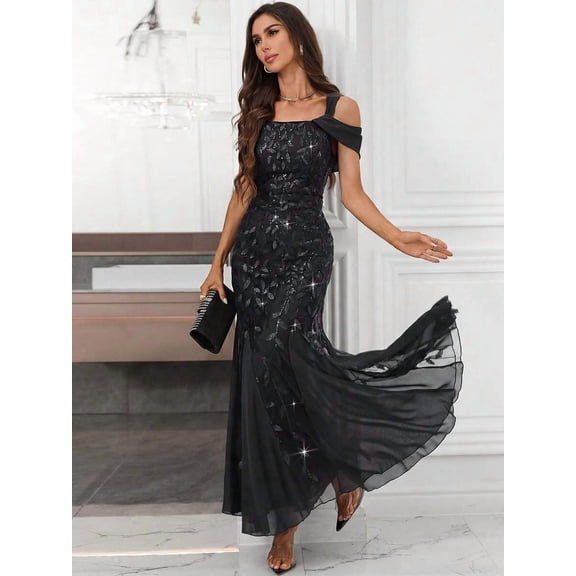 Black Off-Shoulder Sequin Mermaid Evening Gown For Formal Party Prom