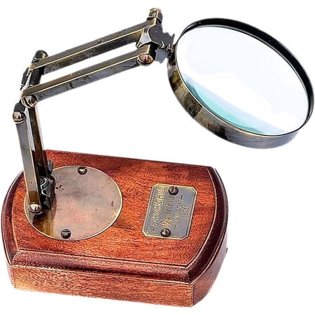 Antique Brass Victorian Magnifying Glass Desktop Decorative Reading Movable Magnifier on Wooden Base