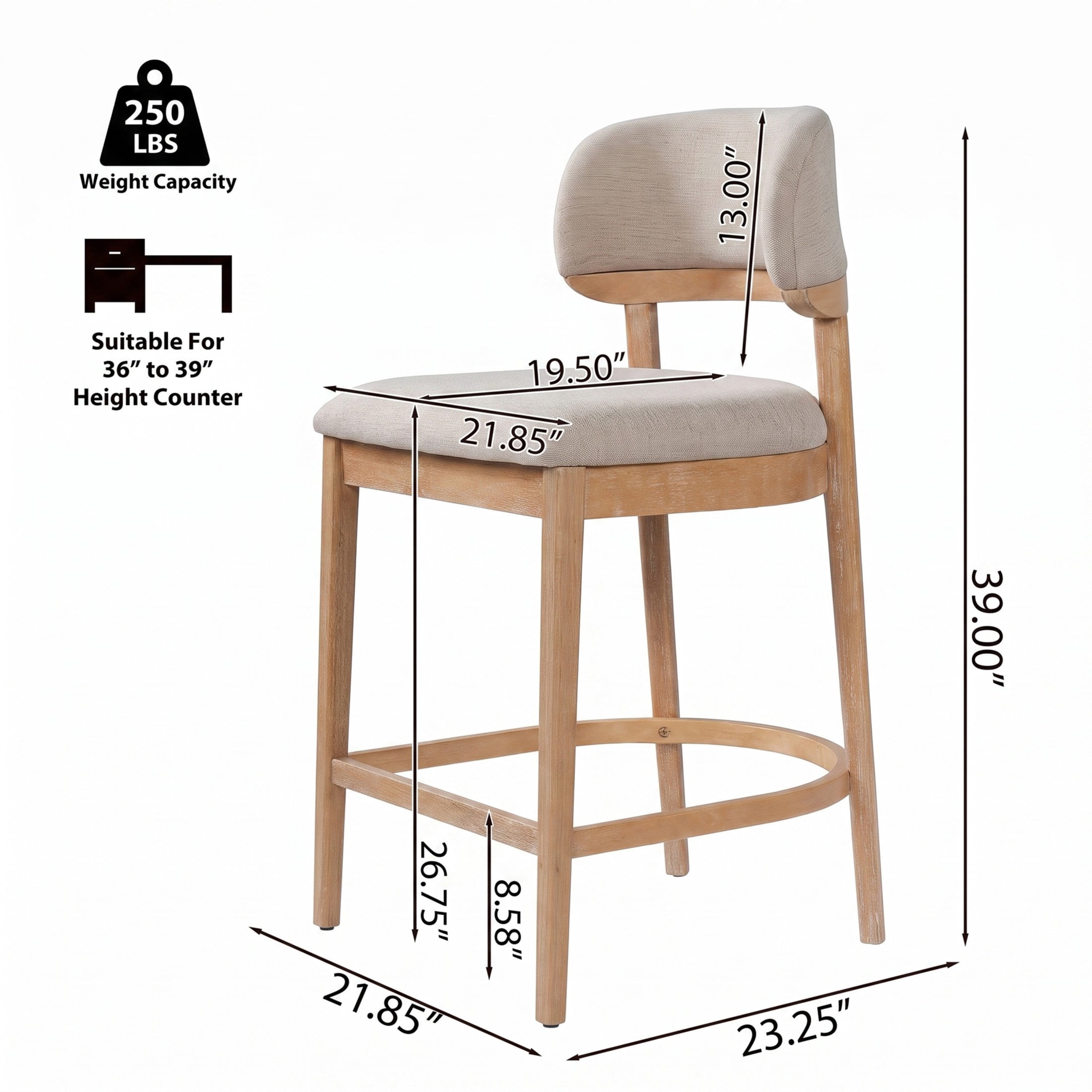Christopher Knight Home Mid-Century Curved Back Counter Stools with Beige Upholstery, Natural, Set of 2