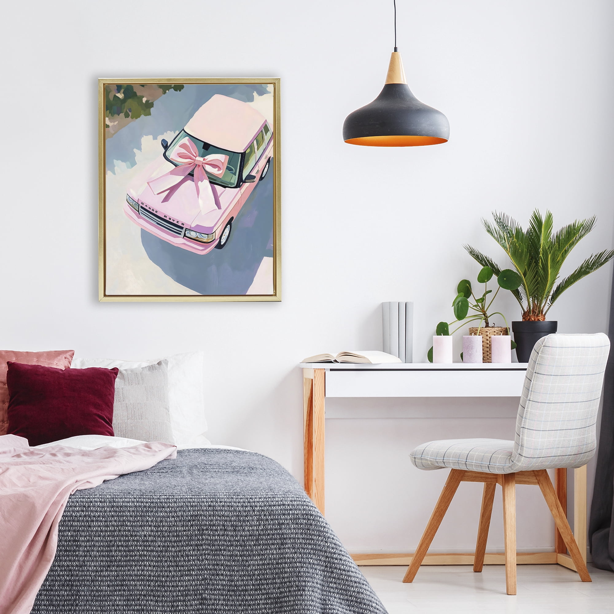 Stupell Industries Pink Luxury Rover with Ribbon Gold Framed Floater Canvas Wall Art, design by The Prints Vibe