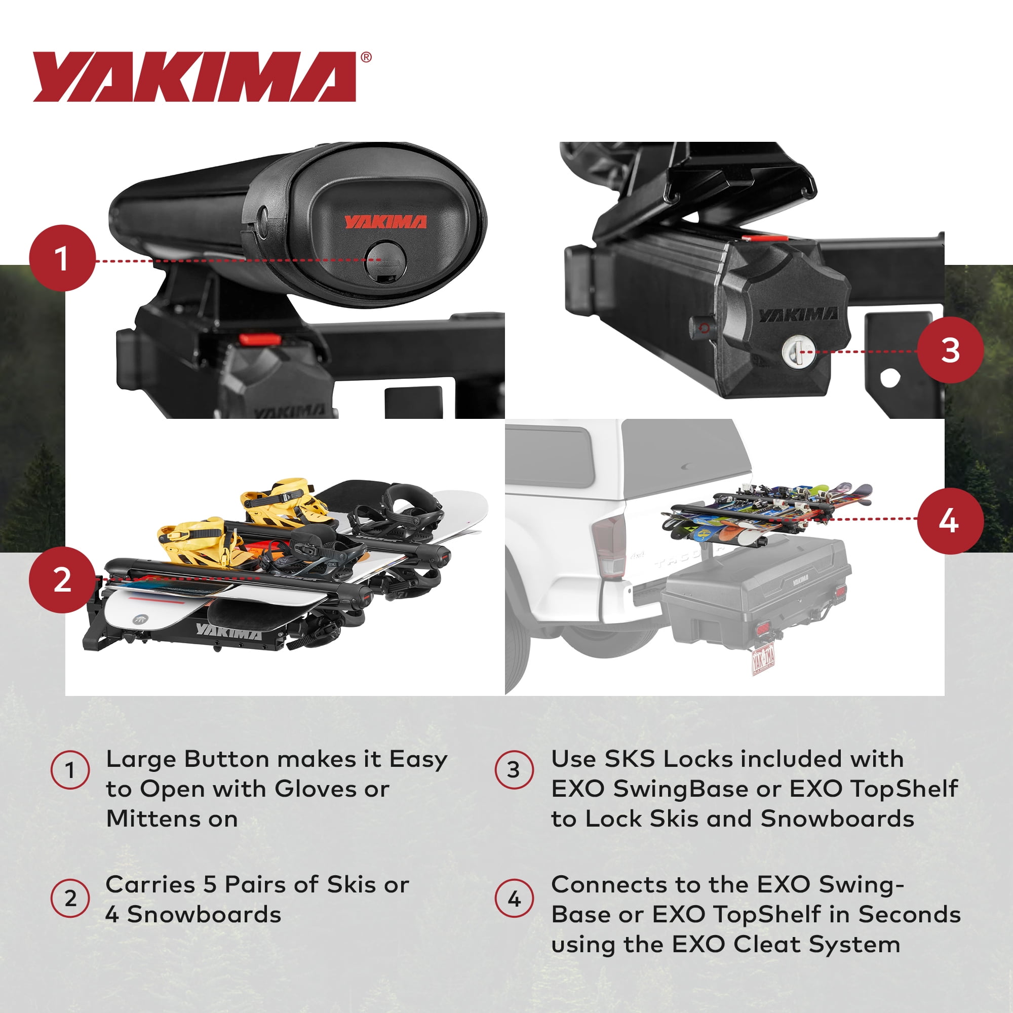 Yakima EXO SnowBank 5 Ski or 4 Snowboard Universal Mount Travel Roof Rack