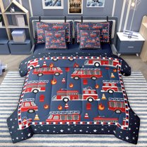 Homewish Fire Engine Print 7-Piece Bedding Comforter Set,Cute Stars Pattern King Bedding Sets,Deepblue Red Bed Sheets For Kids,Microfiber Bedroom Decor Reversible