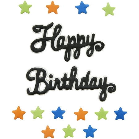 Wilton Happy Birthday Royal Icing Cake Topper with Stars Edible Cake Decoration 15-Pieces 1.34 oz. Assorted Colors