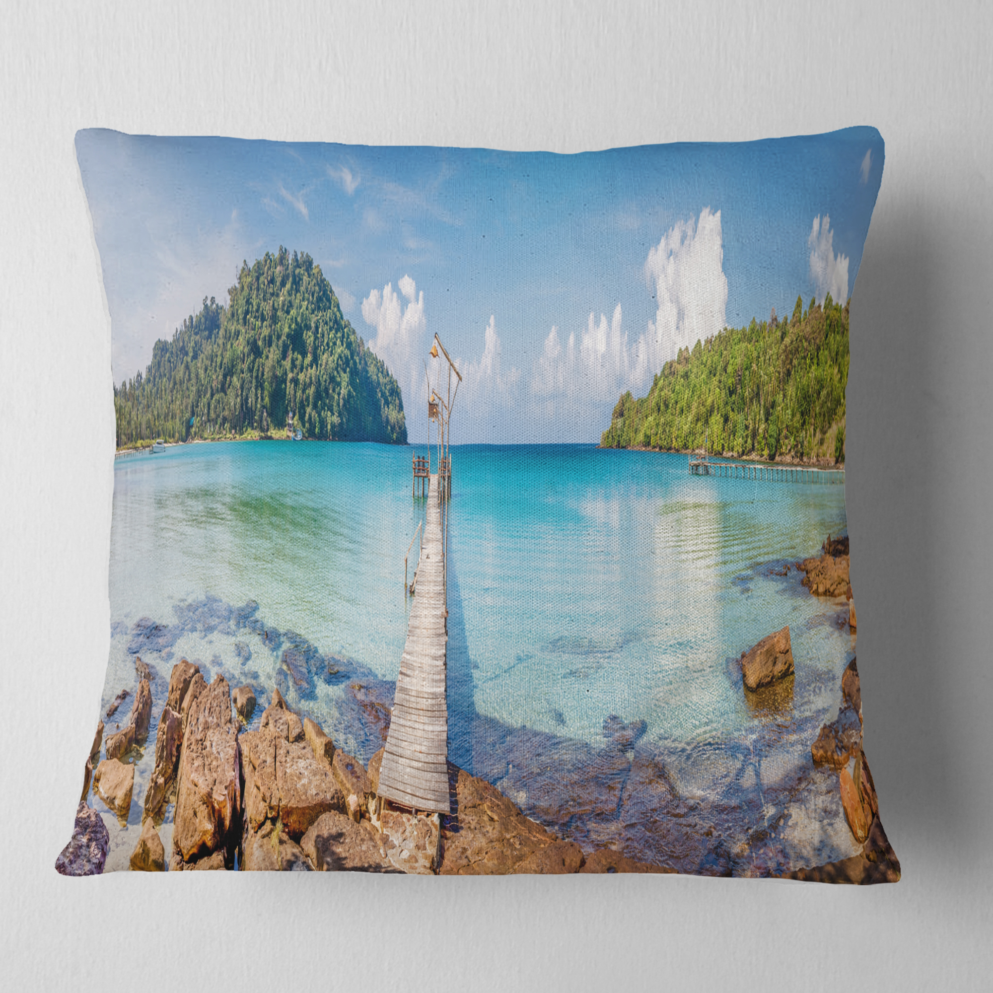 Designart Pier to the Island Panorama - Landscape Photography Throw Pillow - 18x18