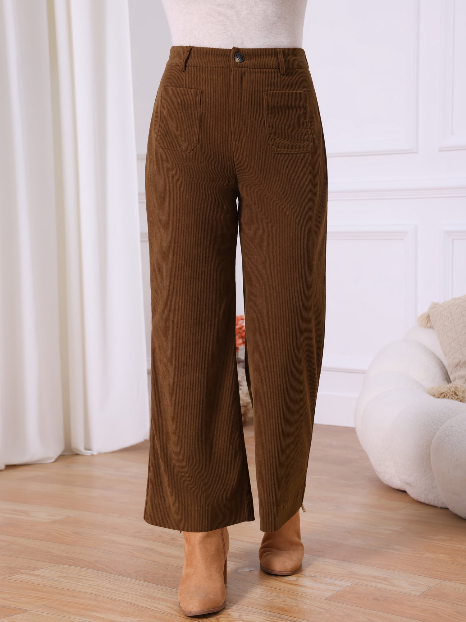 DARING DIVA Women's High Waisted Corduroy Wide Leg Pants with Pockets S Dark Brown