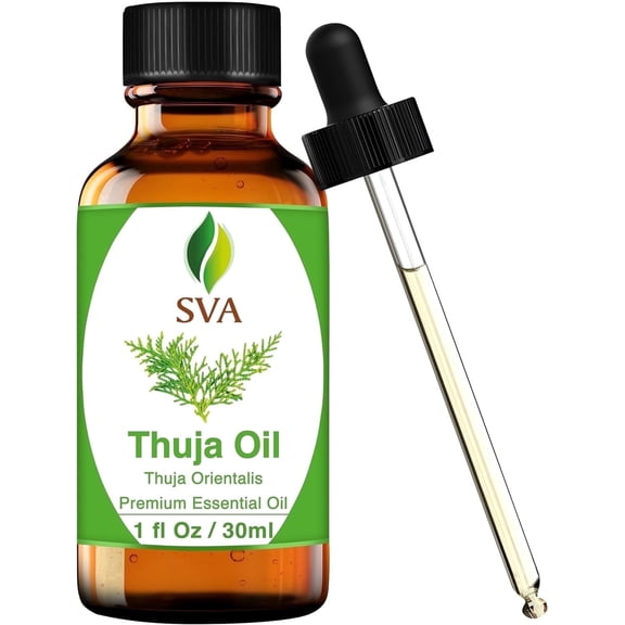 SVA Thuja Essential Oil – 1 Fl Oz – 100% Natural Thuja Oil - for Diffuser, Hair Care, Face, Skin Care, Aromatherapy, Scalp and Body Massage, Soap and Candle Making - with Dropper