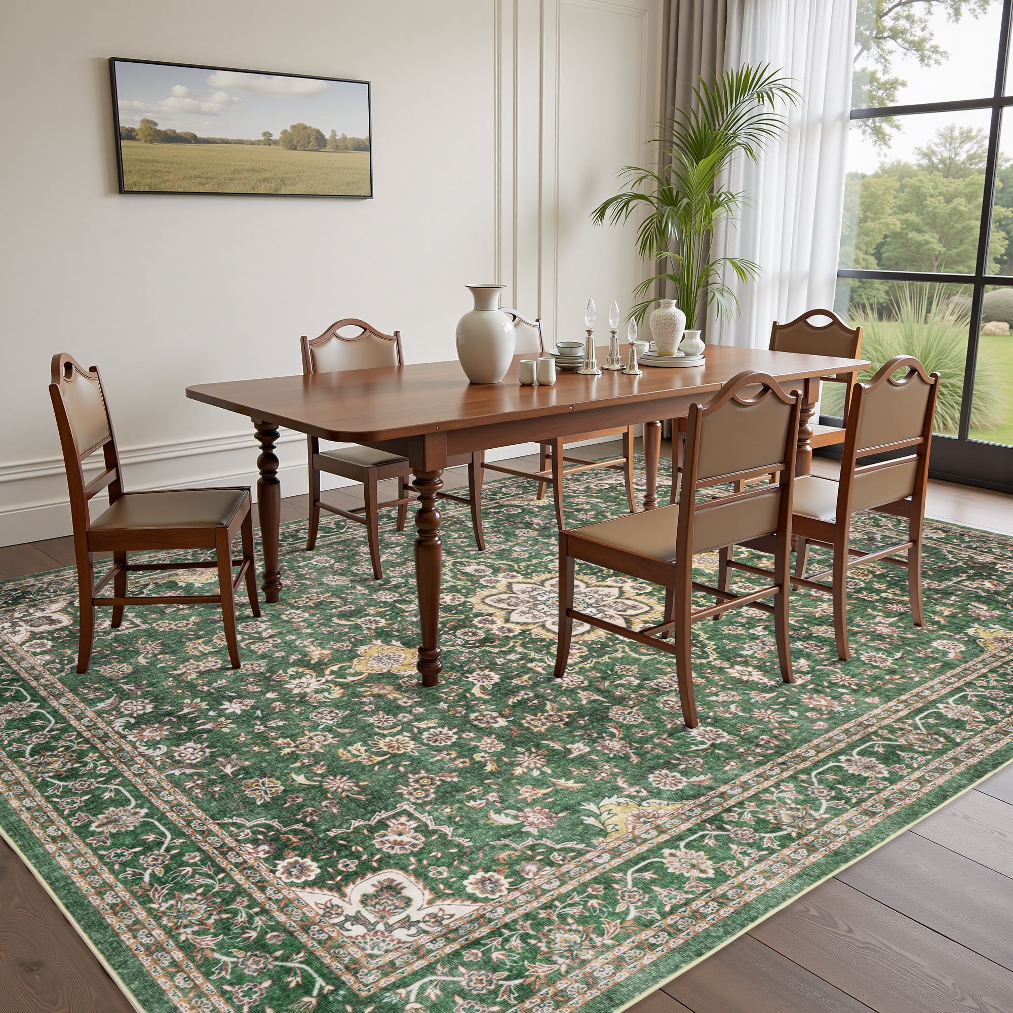 SIXHOME 9x12 Feet Washable Non-Slip Area Rug - Traditional Distressed Vintage Green Rug with Retro Floral Design, Ultra-Soft Indoor Large Carpet for Living Room, Bedroom, Dining Room