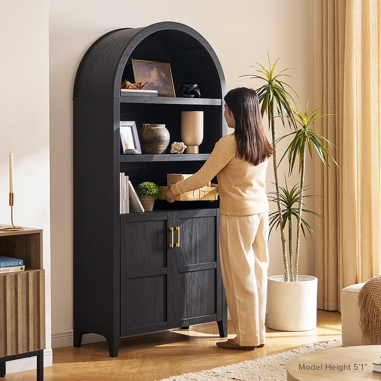 mopio Lauren 77.4" Tall Arched Cabinet, 5-Tier Arched Bookcase with Doors and Adjustable Shelves, Arched Bookshelf with Storage, Kitchen Pantry Cabinet, Wooden Storage Cabinet for Living Room
