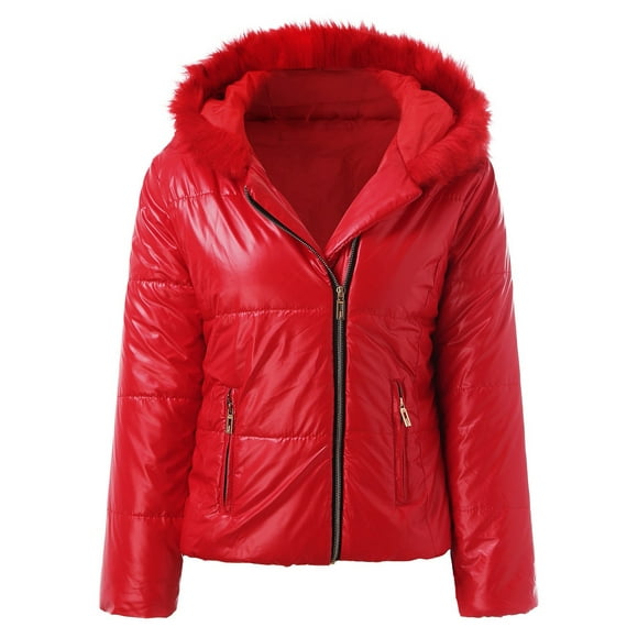 LUXUR Ladies Coat Hoodies Outwear Hooded Thickened Jacket Fluffy Puffer Long Sleeve Red L