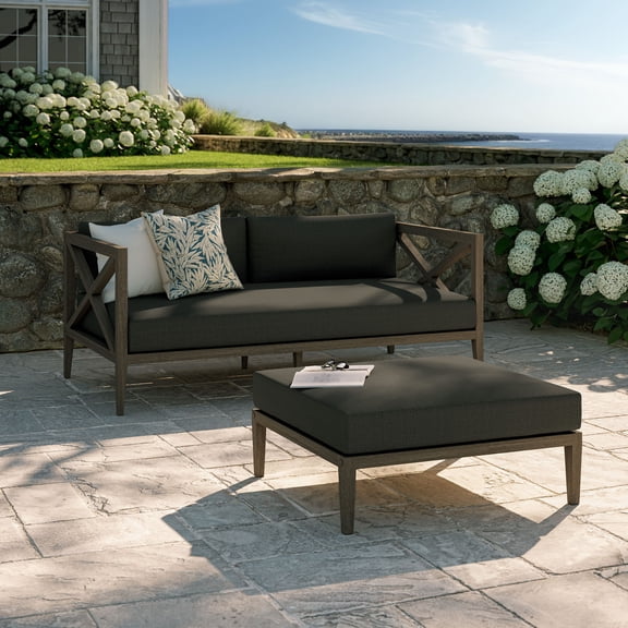 Northlake Outdoor Teak Wood Loveseat and Ottoman Set in Weathered Gray Flint