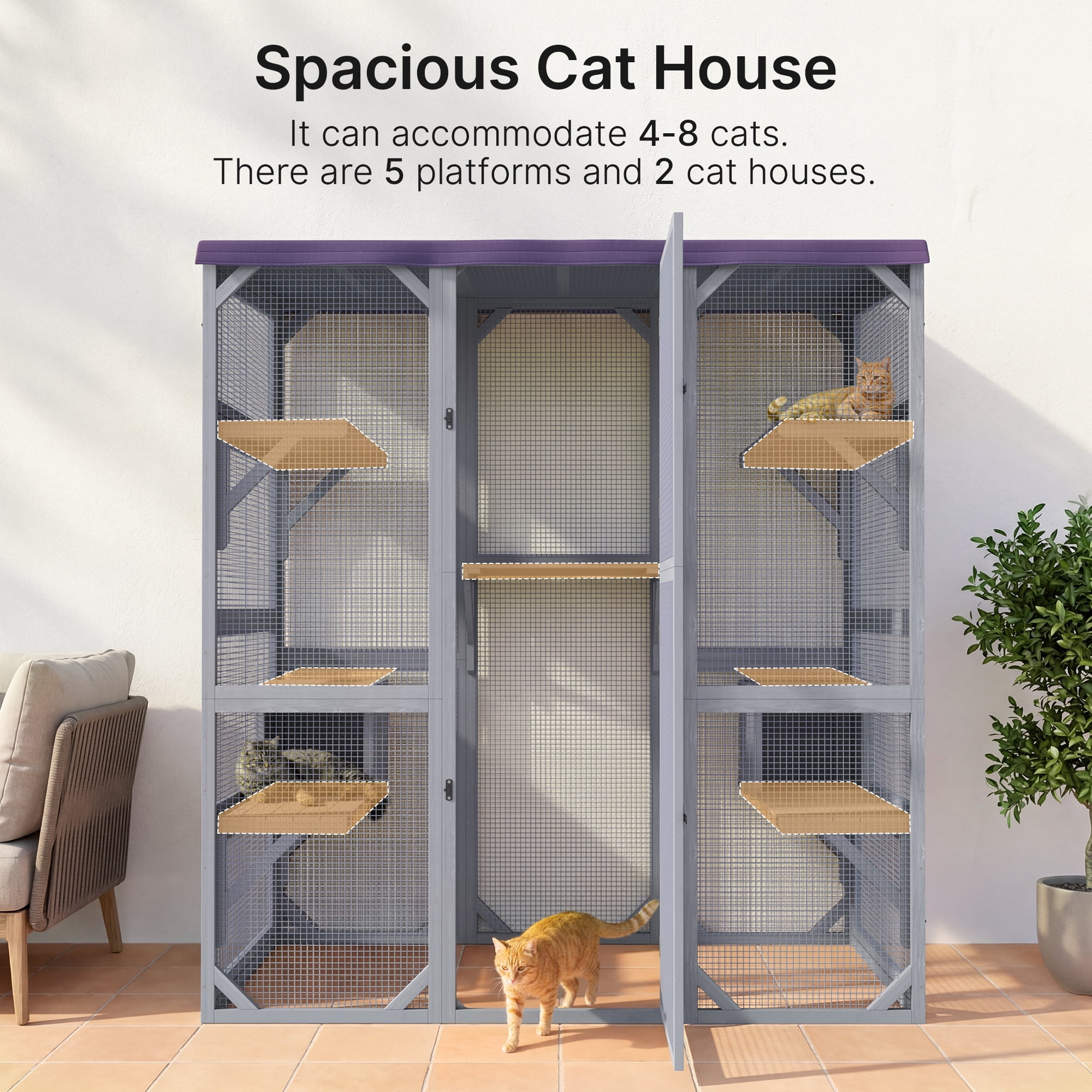 Outdoor Cat Enclosure, Lofka 70 Inch Large Walk-in Outdoor Catio, Weatherproof Cat Enclosure for Multiple Cats, Tarp Roof Kitty Playpen Cage for Patio & Garden, Grey