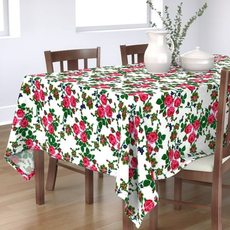 

Cotton Sateen Tablecloth 70 x 144 - Flowers White Vintage Bright Floral Folk Traditional Print Custom Table Linens by Spoonflower