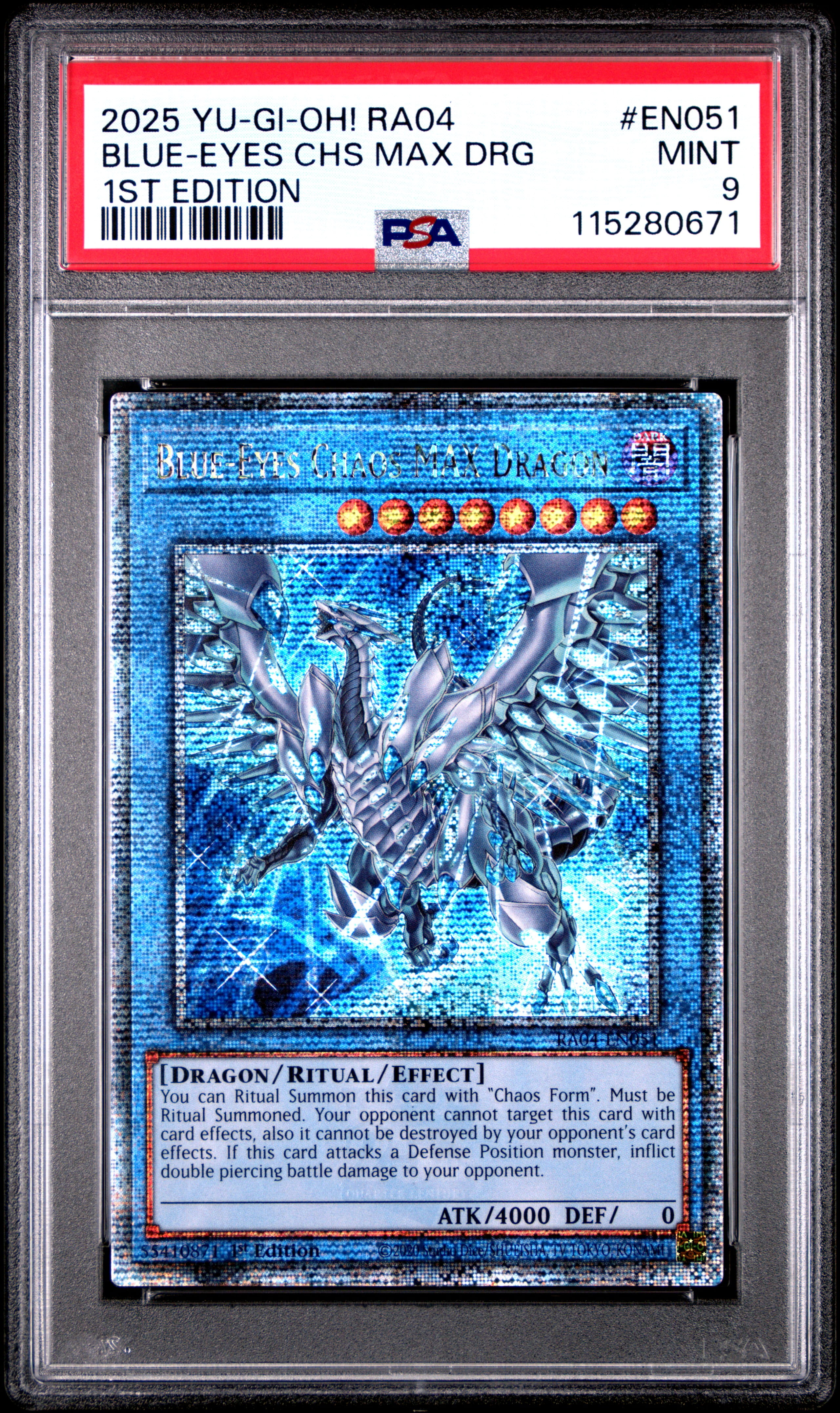 Yu Gi Oh! TCG, PSA Graded 9 MINT, Blue Eyes Chs Max Drg 1St Edition #EN051, Ra04 Quarter Century Stampede, Fully Encapsulated Bundle with Compatible Yu Gi Oh! Hard Sealed Case