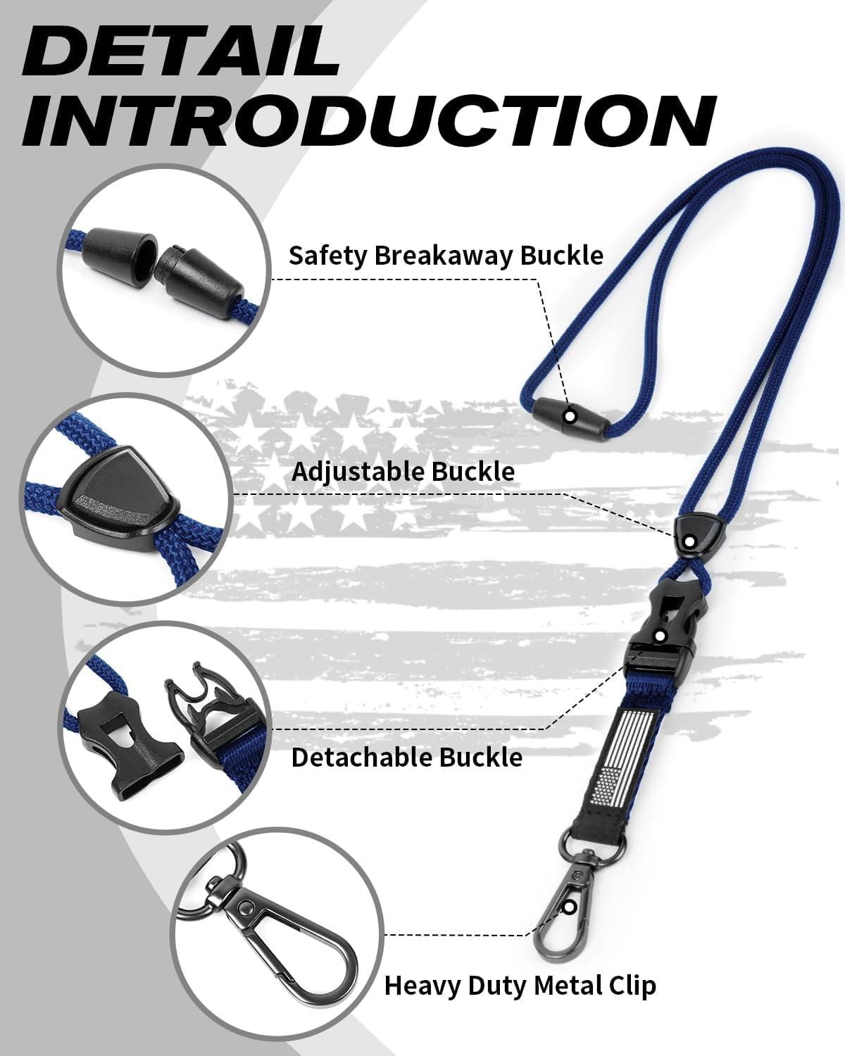Badge Holder with Heavy Duty Breakaway Lanyard, Carbon Fiber-Texture, Durable ID Card Holder (Holds 6 Cards) with Quick Release Detachable Buckle, Metal Clip, American Flag