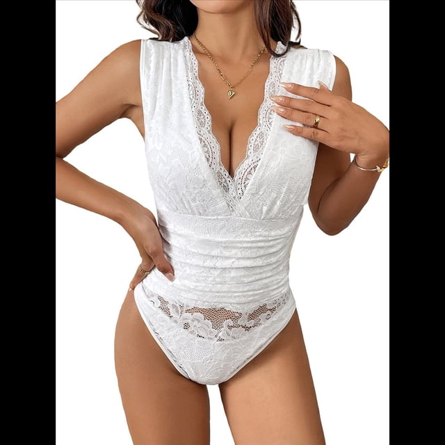 Body de Encaje Transparente para Mujer, Sin Mangas, con Escote en V Profundo XL