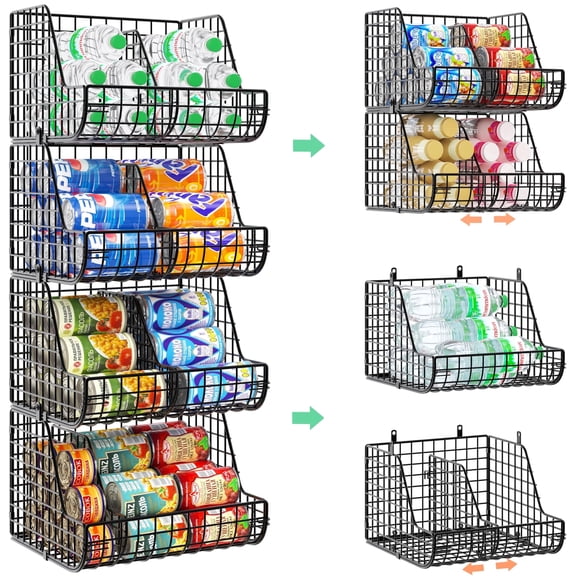 Baxikayon 4-Pack Stackable Can Rack Organizer with 4 Adjustable Dividers, Foldable Wire Pantry Storage, Holds 72 Cans, Black