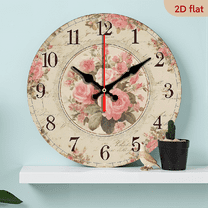 2D Flat 1pc 10Inch Rustic Farmhouse Pink Roses Wooden Wall Clock Silent Quartz Movement, Vintage Floral Design with Beige Background, AA Battery Operated (Not Included) for Kitchen Bedroom Living