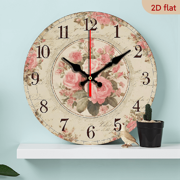 2D Flat 1pc 10Inch Rustic Farmhouse Pink Roses Wooden Wall Clock Silent Quartz Movement, Vintage Floral Design with Beige Background, AA Battery Operated (Not Included) for Kitchen Bedroom Living