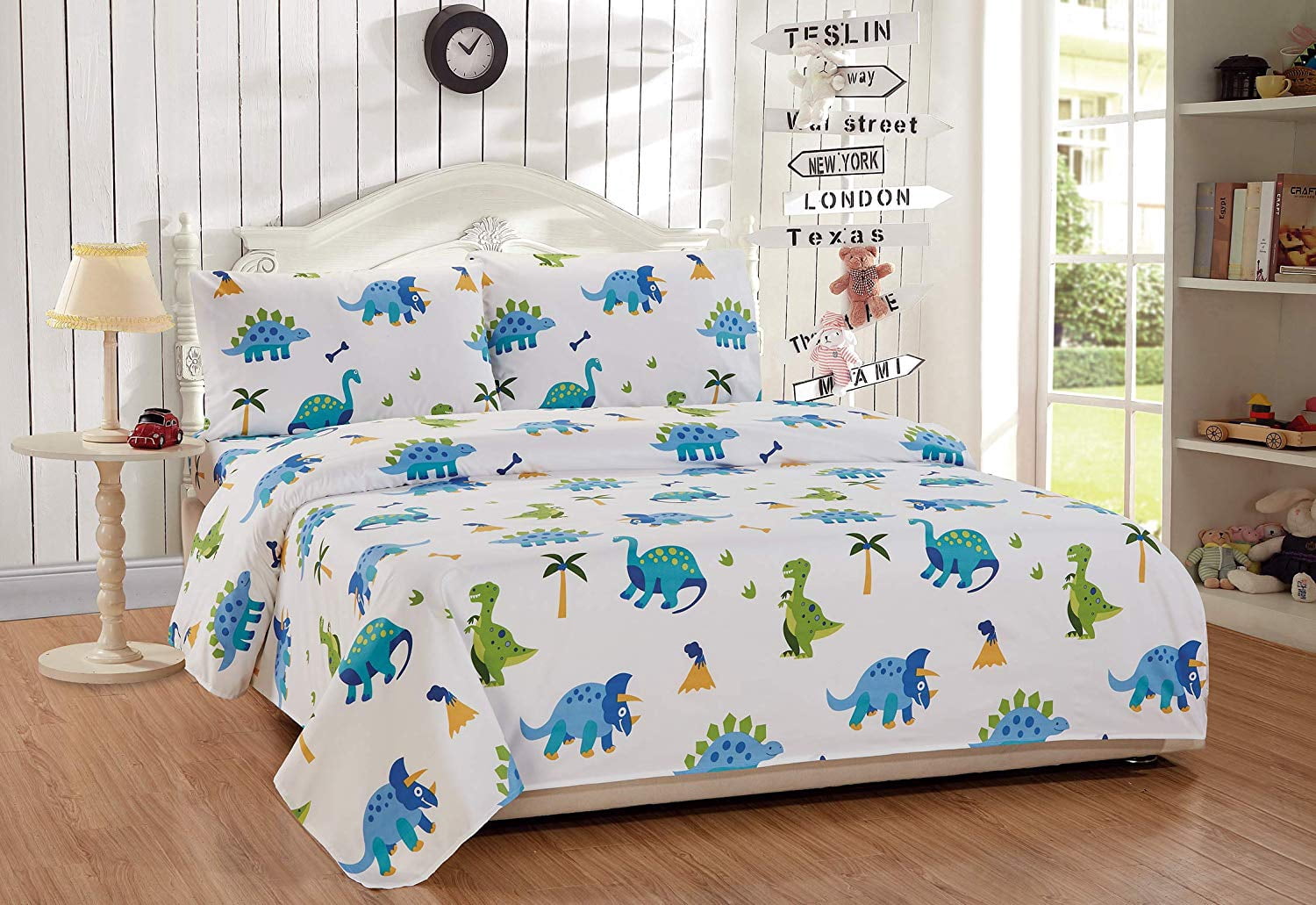 Fancy Linen Dinosaur 5pc Twin Comforter Set for Kids Rhino Aqua Green White Blue New # Dinoland Aqua