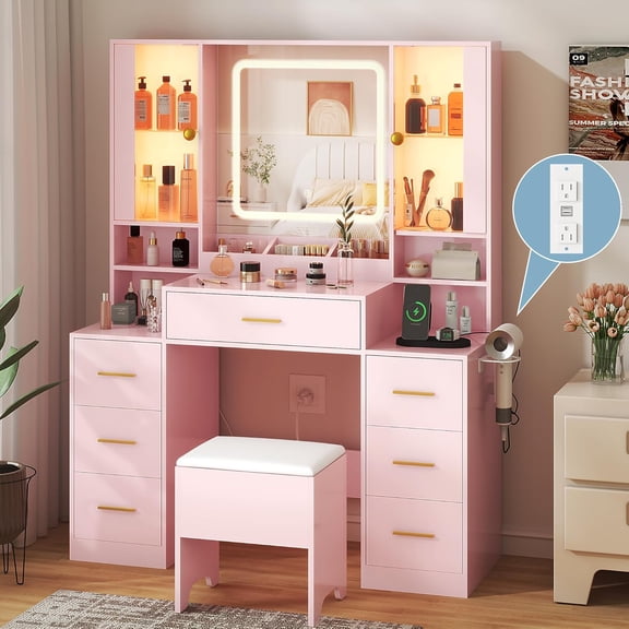 Makeup Vanity Desk with Mirror and Lights, Pink Vanity Mirror with Lights Desk with Chair & LED Glass Cabinet, Vanity Set with Lighted Mirror & Power Outlet, Dressing Table with 7 Drawers