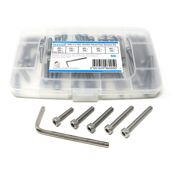 iexcell 50 Pcs M5 x 20/25/30/35/40mm Thread Pitch 0.8 mm Stainless Steel 304 Hex Socket Head Cap Screws Bolts Assortment Kit