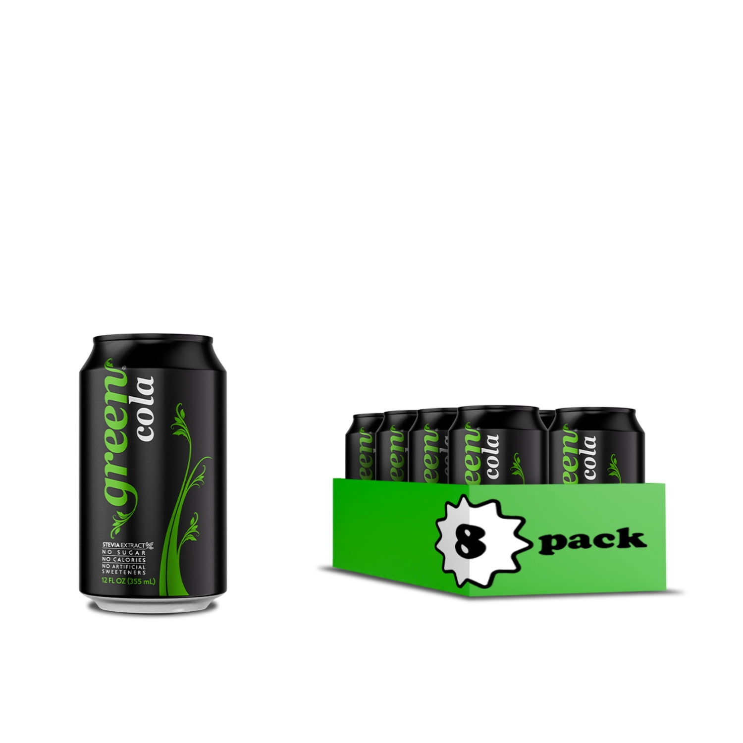 Green Cola Zero Calories Carbonated Soda, Cola Taste, 12 fl oz, 8