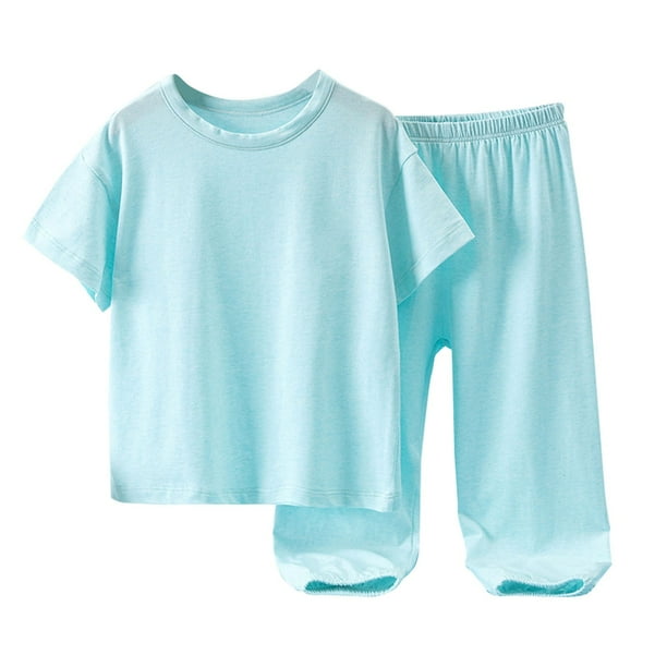 Gibobby Conjunto térmico bebé Camiseta de manga corta de color sólido para niños + Pantalones Ropa de informal diaria de verano(Azul claro, 3-4 Años)