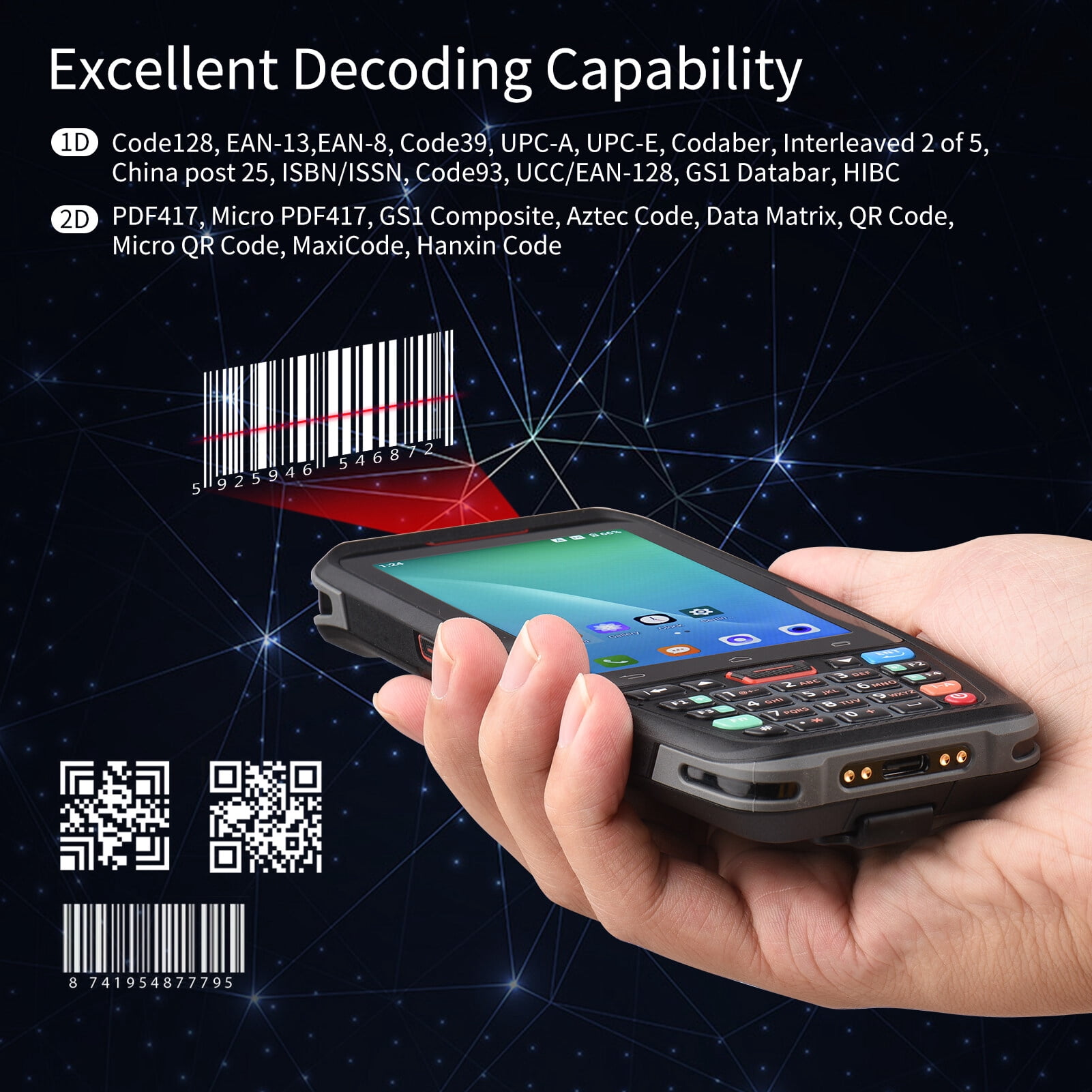 Handheld POS Android 10.0 PDA Terminal 1D/2D/QR Barcode Scanner Support 2/3/4G WiFi BT Communication with 4.0 Inch Touchscreen for Supermarket Restaurant Warehouse Retail Inventory Logistics