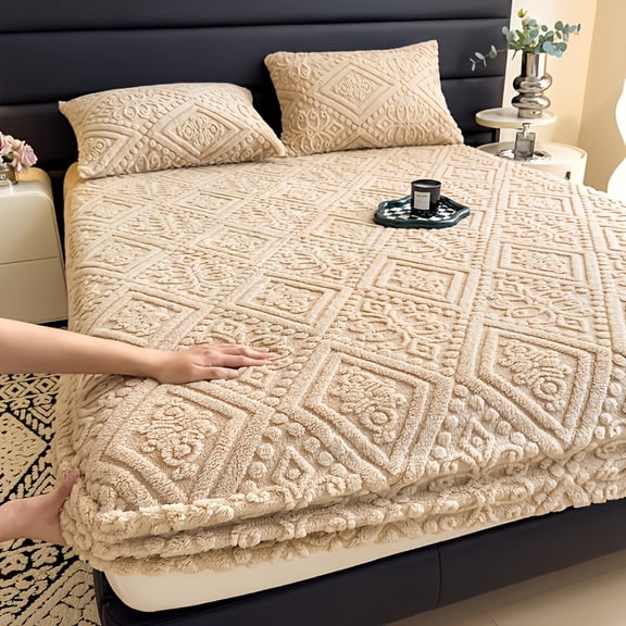 Plush Tufted Velvet Bed Fitted Sheet,Thick Warm Fluffy Mattress Protector Cover