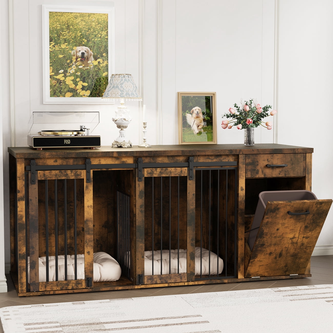 Multi- Functional Dog Crate Furniture for 2 Dogs with Divider and Sliding Doors, Large Dog Kennel with Storage Drawer and Tilt Out Trash Cabinet,Rustic Brown