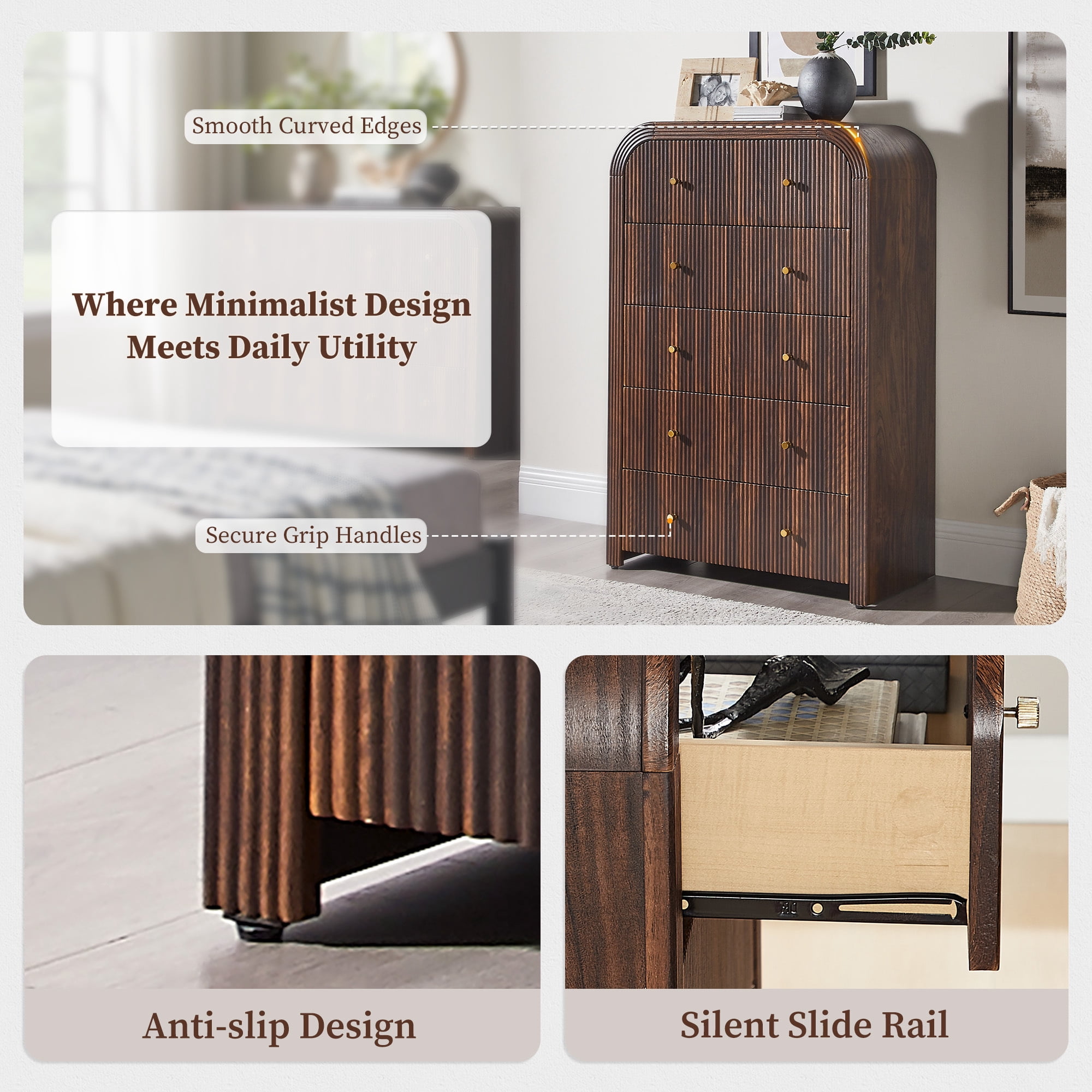 KeyWhat Modern 5-Drawer Dresser, 48" Fluted Tall Chest of Drawers with Curved Profile and Metal Handles, Wood Storage Cabinet for Bedroom, Living Room and Hallway, Dark Walnut