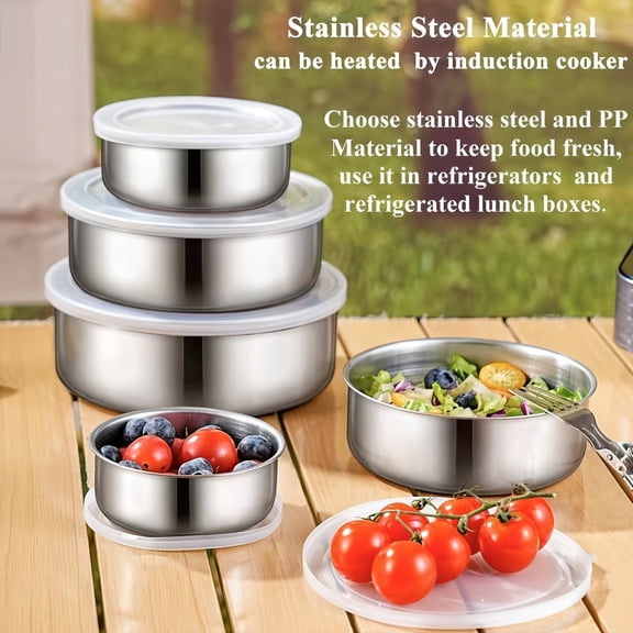 304 Stainless Steel 5-Piece Lidded Food Storage Containers Set, Suitable for Vegetables, Fruits and Kitchen Supplies. Reusable Leak-proof Sealed Lunch Boxes, Ideal for Camping, Picnics l Use.