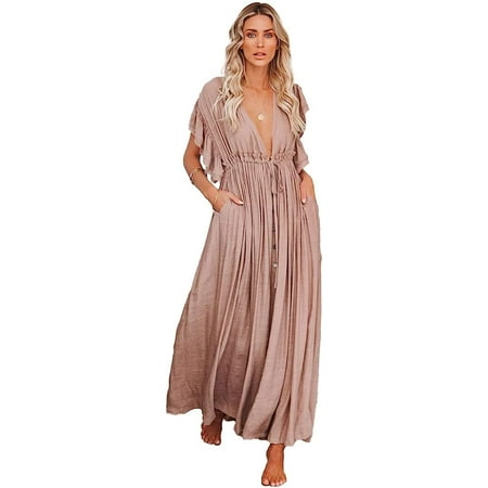 Kukuzhu Women Beach Cover Up Waist Boho Rope Dress Bikini Swimsuit Slubbed Button Pockets Holiday Sun Proof Tunic Gown