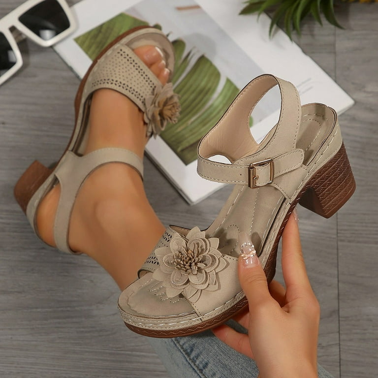 LOVZFMLL Sandals for Women Fashion Flower Chunky Block Heels Open Toe Ankle  Strap Adjustable Buckle Summer Dress Shoes Outdoor Beach Vacation Beige 5.5  - Walmart.com