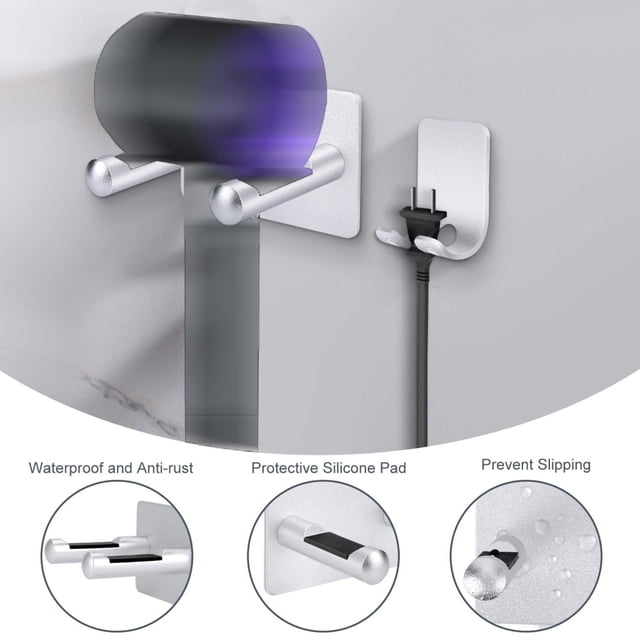Soporte para secador de pelo, soporte de montaje en pared de aleación de aluminio con soporte de enchufe para el baño del hogar