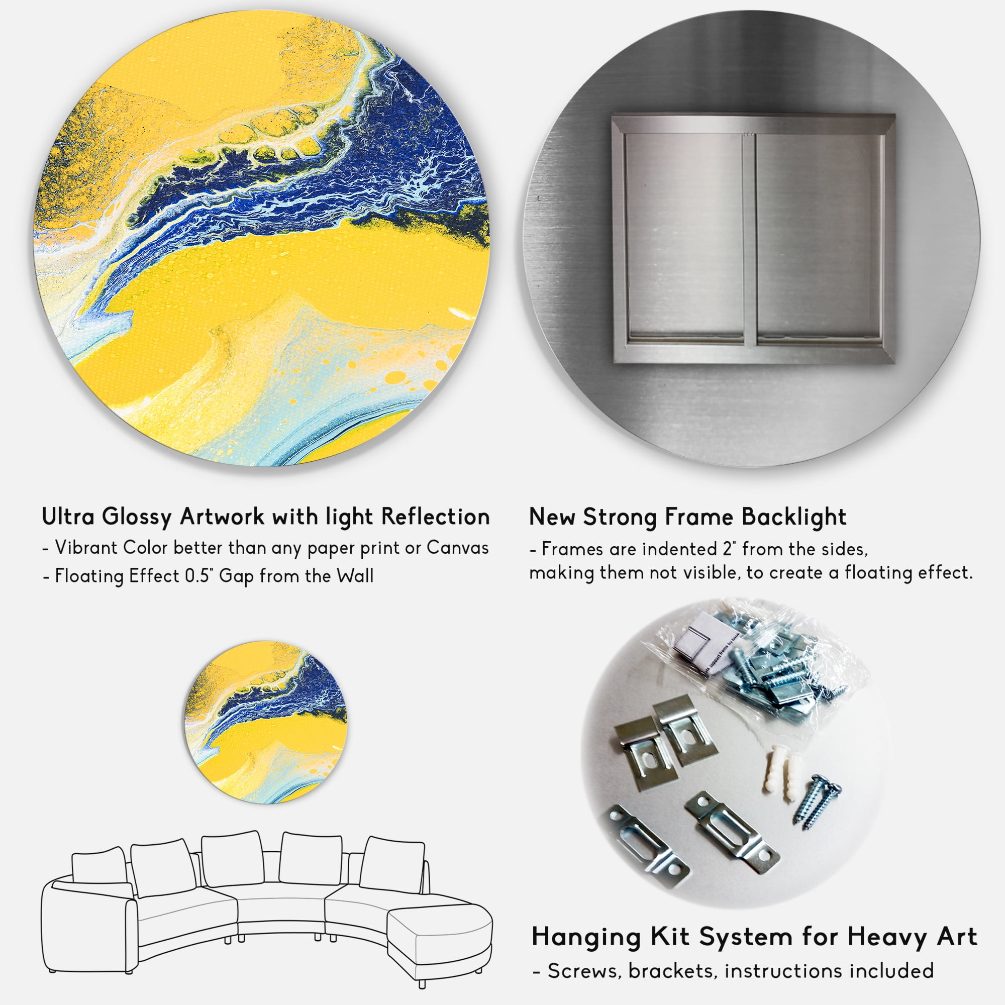 Designart 'Abstract Composition In Blue and Yellow VII' Modern Circle Metal Wall Art 11x11 - Disc of 11