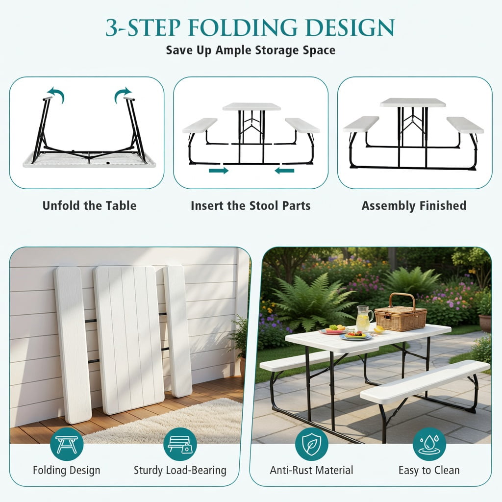 Hommoo Folding Outdoor Picnic Table & Bench Set, Wood-Grain HDPE Top, Steel Frame, Heavy-Duty Folding Patio Table for Backyard, Camping, Tailgating, White