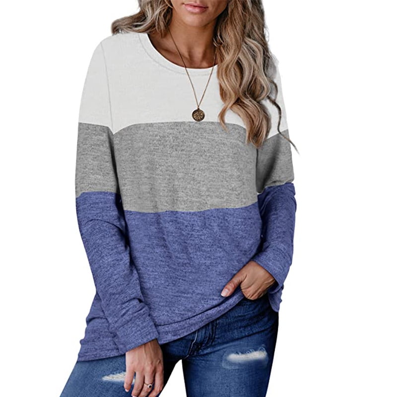 Women's Long Sleeve Color Block Tunic Tops For Leggings Round Neck