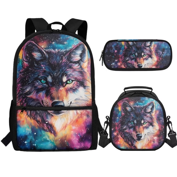 Jeiento Galaxy Wolf School Bags for Boys 7-10 10-12 Kids Backpack Set with Lunch Box Pencil Case Elementary School Back Pack Purse Preschool Kindergarten Bookbag Travel Daypack