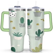 Cactus 40 Oz Tumbler with Handle Lid and Straw, Stainless Steel Double Walled Vacuum Insulated Cup, Cute Anniversary Wedding Birthday Gifts Tumbler for Women Men Friends Outdoor Indoor