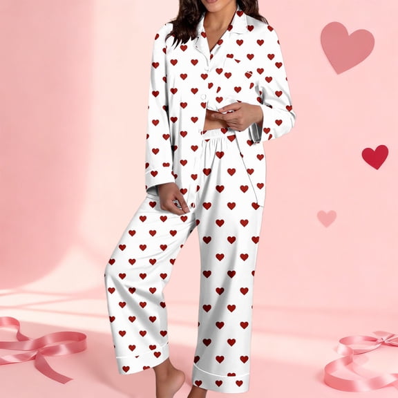 Valentine's Day Pajamas Sets Women Cute Pink Heart Print Pjs Sets Shirt Top Pants 2 Piece Sets Sleepwear Red L