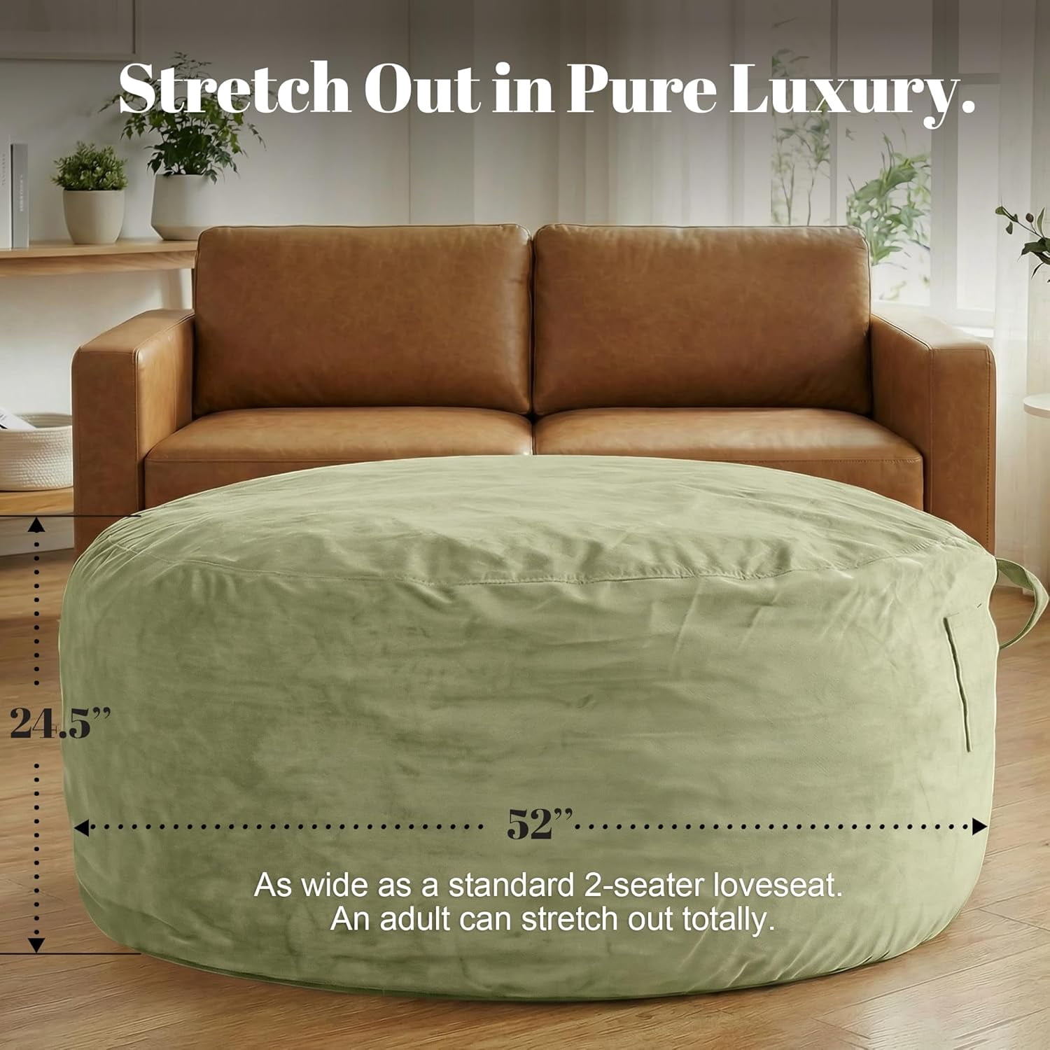 5-Foot Oversized Sage Bean Bag Chair for Adults with Premium Shredded Foam Filler, Machine Washable Cover