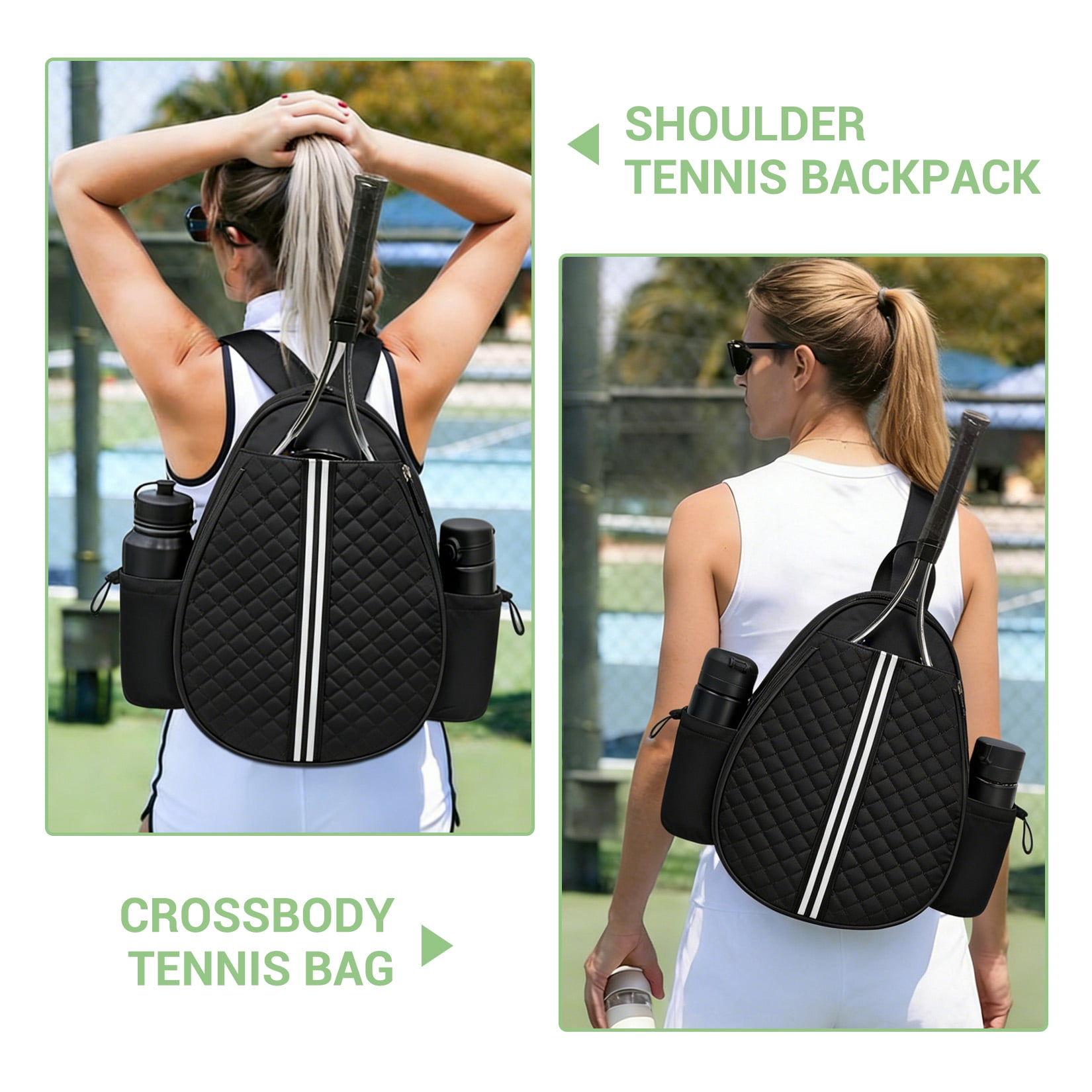 Tennis Sling Bag Racket Backpack, Quilted Sports Crossbody Bag for Tennis, Pickleball & Badminton, Waterproof Lightweight Racket Bag with Wet Pocket & Side Pockets, Black, 16.5 x 12.6 x 4.7inch