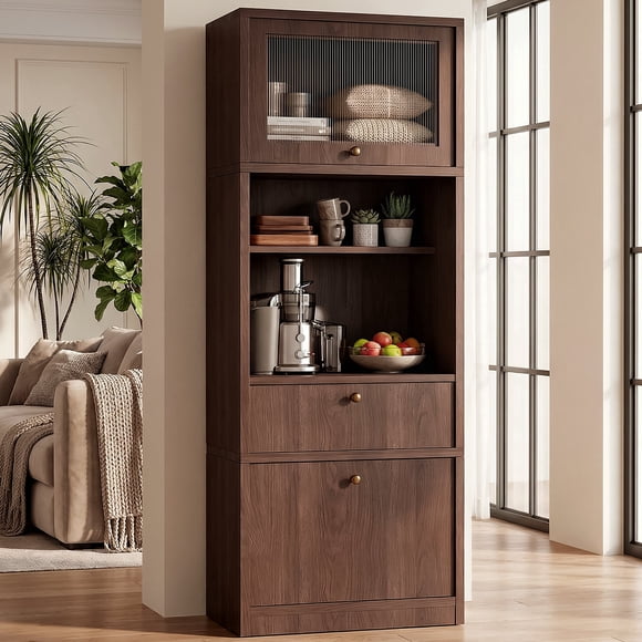 OMCHOM 71" Tall Storage Cabinet, Freestanding Kitchen Pantry with Fluted Glass Flip Door, 2 Drawers & Open Shelves for Kitchen Living Room, Walnut
