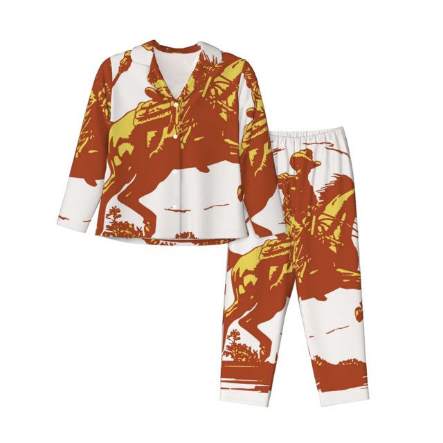 Fotbe Vintage Cowboy On A Bronco Horse Conjunto de Pijama de Manga Larga para Mujer con Estampado, Ropa de Dormir de 2 Piezas, Conjunto de Casa Suave y Cómodo con Bolsillos-Small